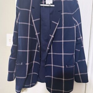 Leith Navy Pink Windowpane Plaid Blazer Women Medium Longline Officewear